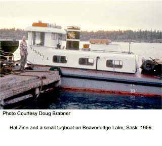 Hal Zinn and tugboat at Beaverlodge lake 1956