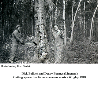 Dick Bullock and Denny Beams, cutting tree for antenna mast